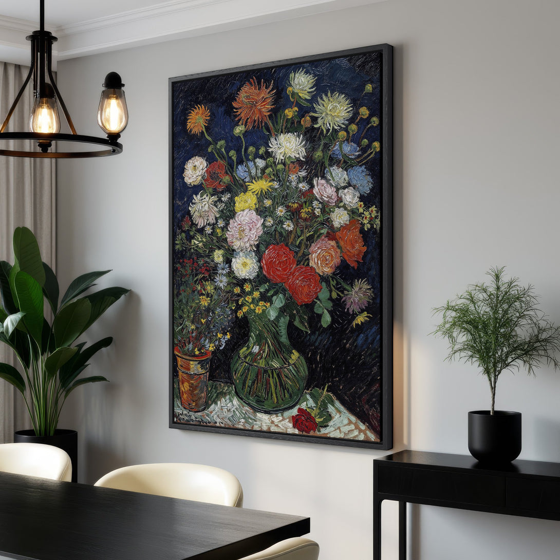 Framed Wall Art featuring a vibrant floral still life in a Van Gogh style, with a rich, dark blue background and a colorful palette. Perfect for any interior!