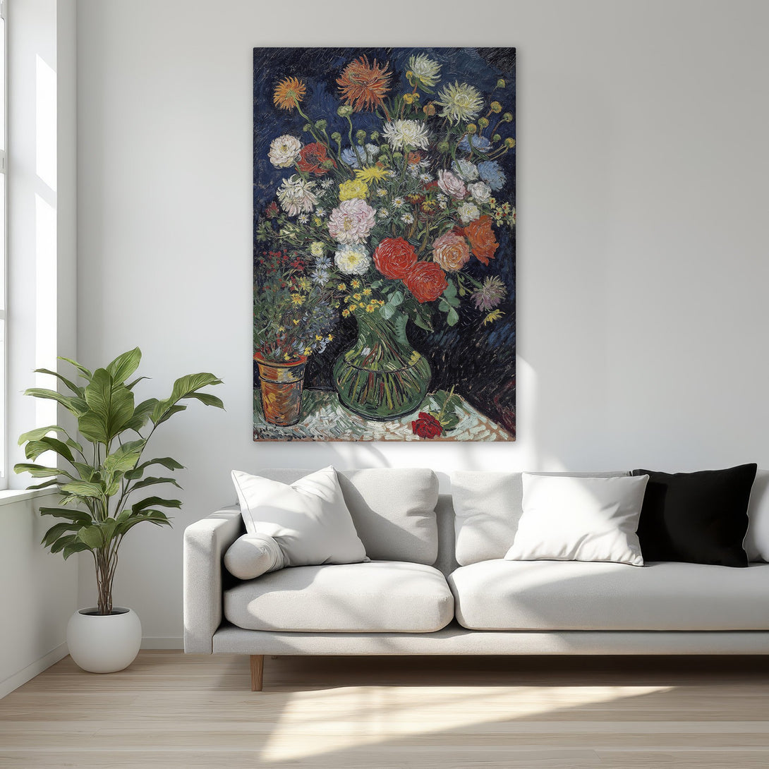 Framed Wall Art: Impressionist floral still life Canvas Print with vibrant red, yellow, and blue flowers against a dark background. Enhance your home decor!