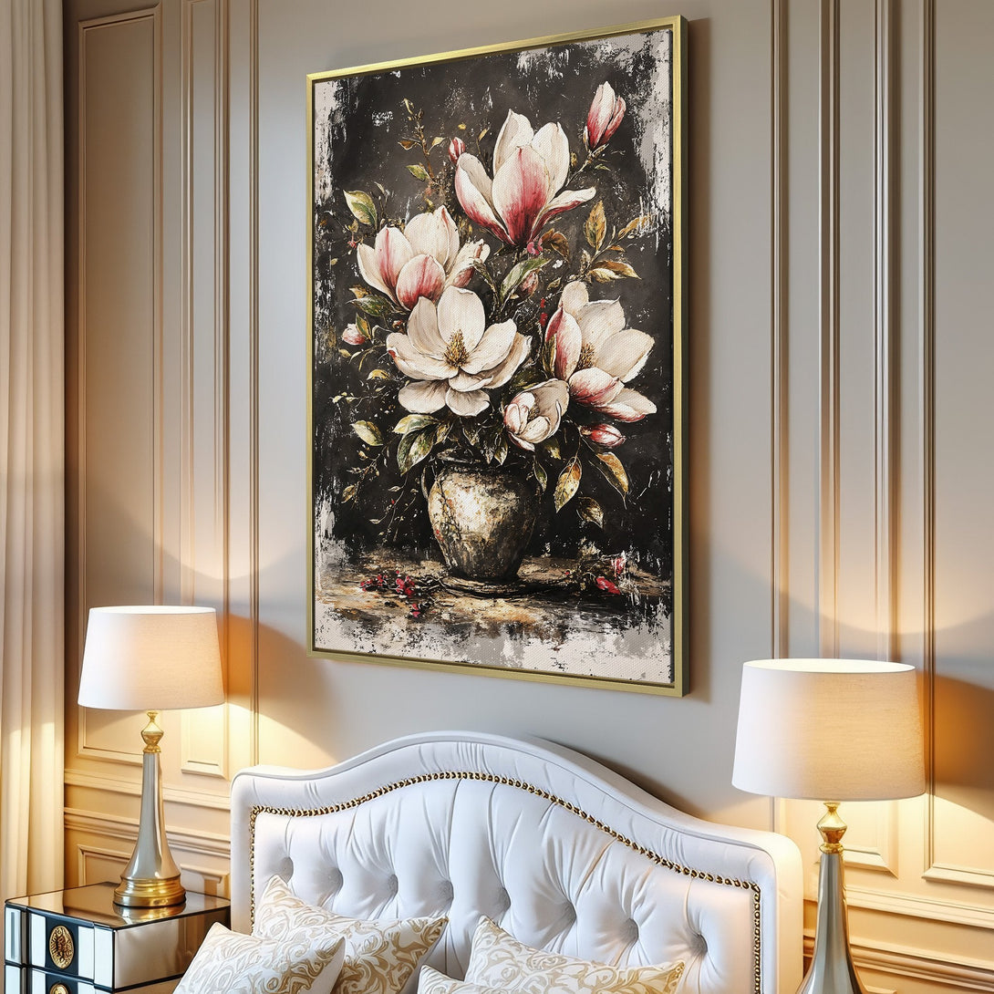 Canvas Print of magnolia flowers in a vase, featuring a dark, moody background. Elegant floral art with a neutral color palette.