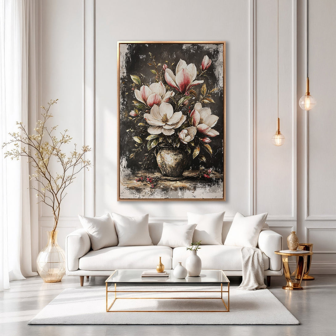 Framed Wall Art: Elegant floral canvas print in a modern living room. Features a dark, moody background with white and pink flowers. Sophisticated home decor.