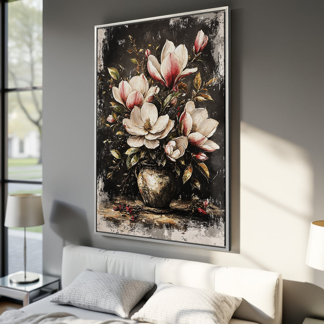 Framed Wall Art: Elegant floral still life canvas print in a dark, moody style. Features white & pink blooms against a black background, perfect for bedroom decor.