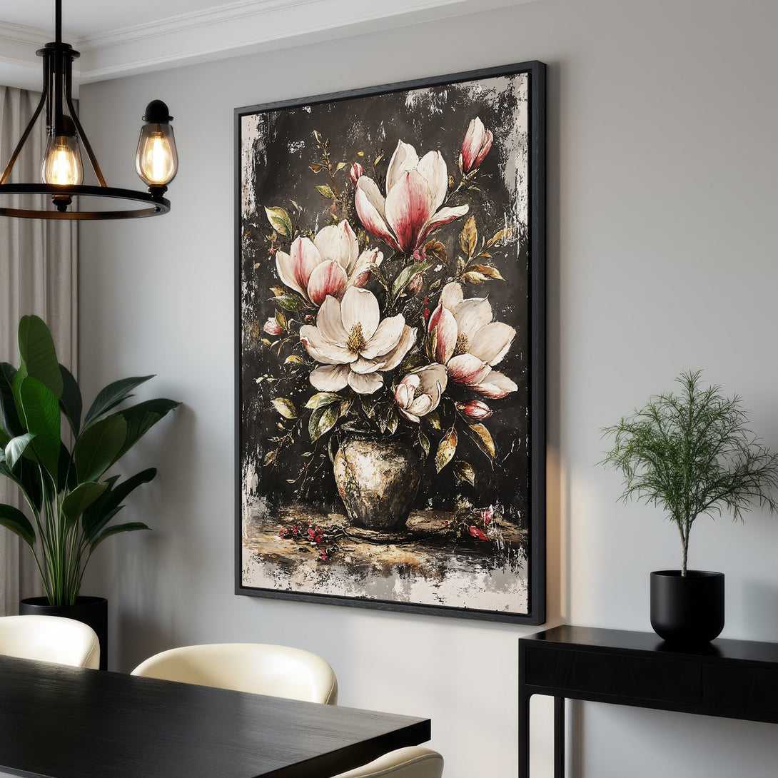 Framed Wall Art: Stunning floral Canvas Print featuring white & pink magnolias on a dark background. Adds elegance to any room!
