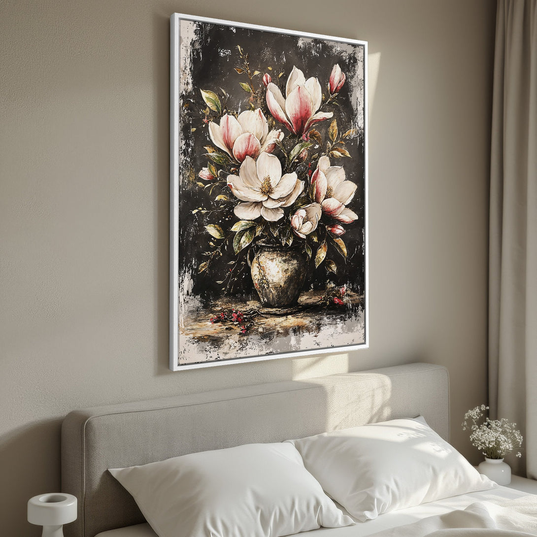Framed Wall Art featuring a floral still life painting with a dark, textured background. Soft pink and white blooms create a striking contrast.