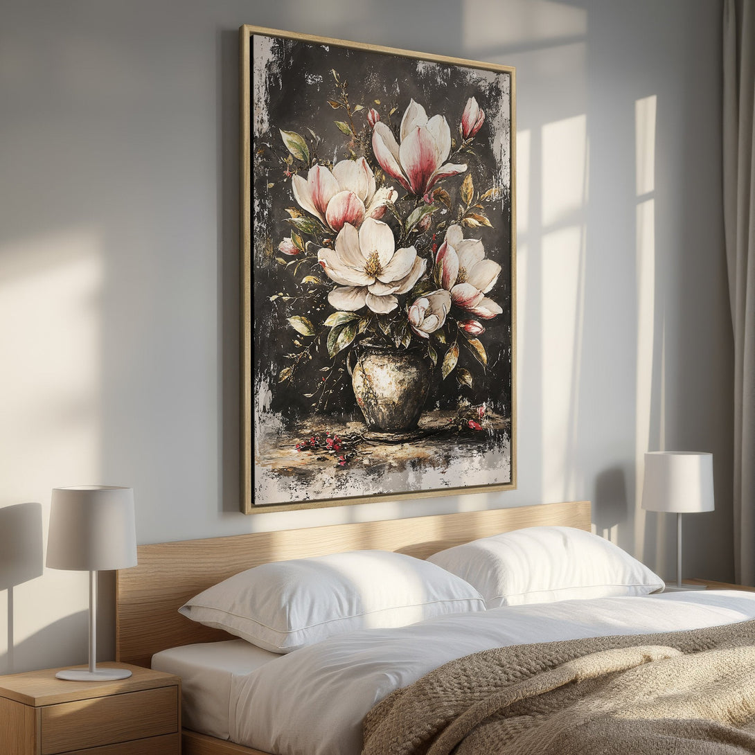 Framed Wall Art featuring a floral still life. Elegant painting with white and pink blooms against a dark, textured background. Perfect bedroom decor.