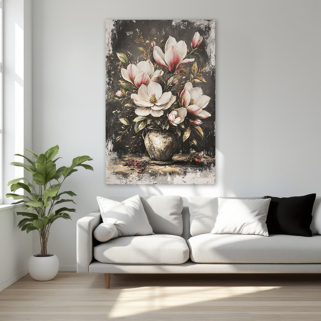 Framed Wall Art featuring a floral still life in a dark, moody style with white and pink blooms. Adds elegance to any bedroom decor.
