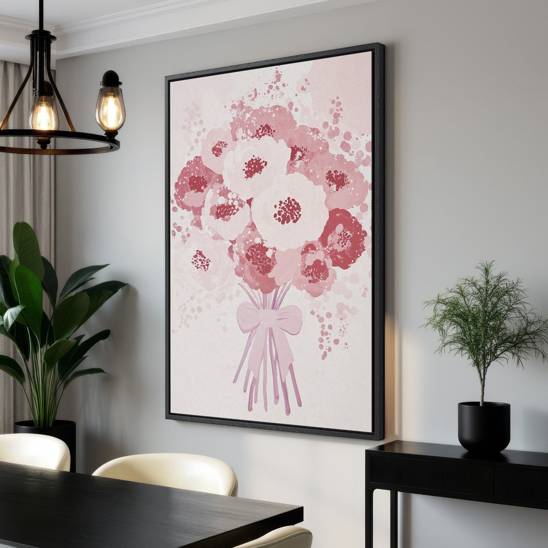 Framed Wall Art featuring an abstract floral bouquet in shades of pink. Perfect for adding a touch of elegance and color to any room. Shop now!