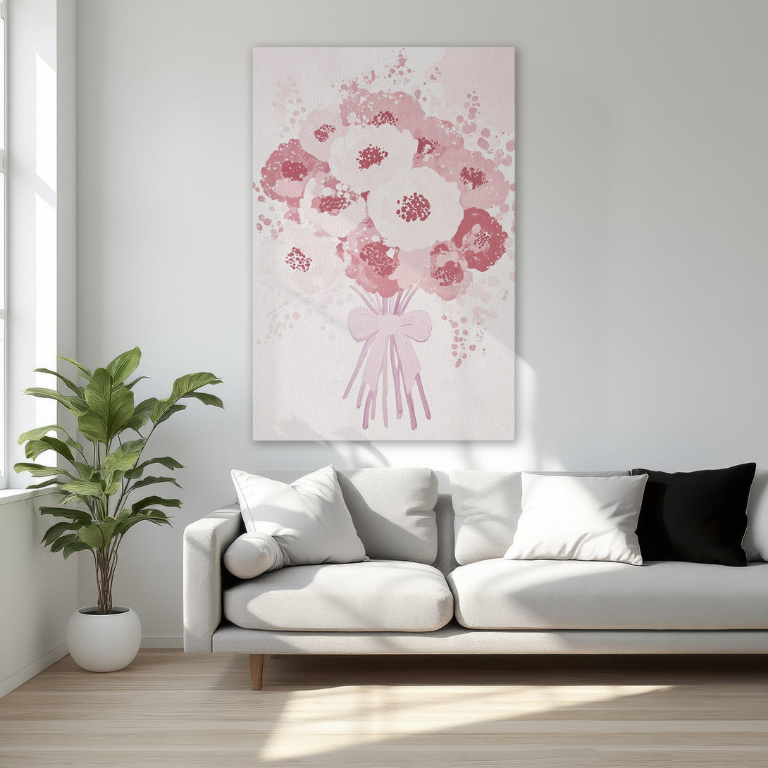 Framed Wall Art featuring a pink floral bouquet. Soft, watercolor style art with a romantic, blush color palette. Perfect for bedroom decor.