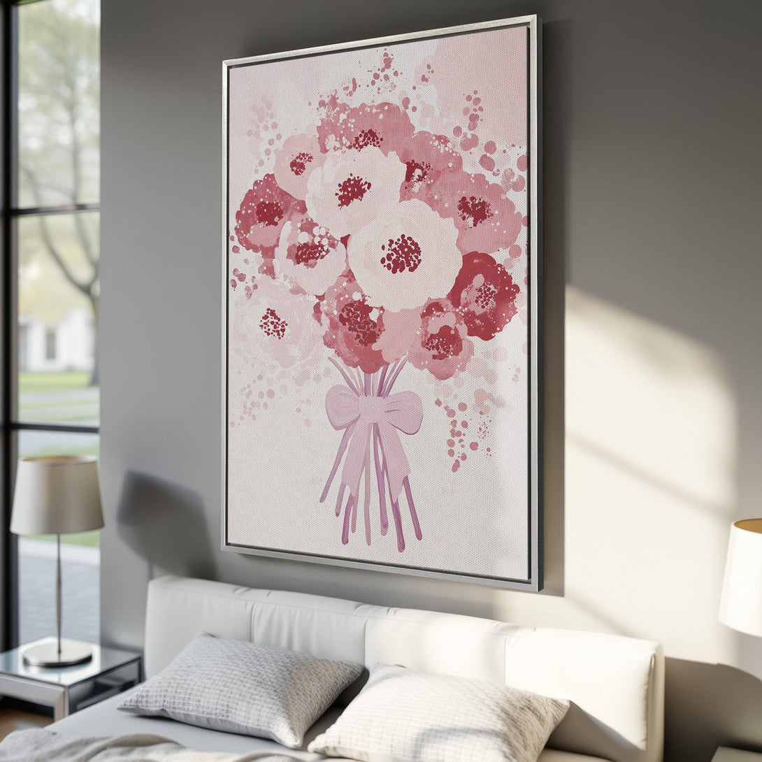 Framed Wall Art: Abstract floral art in pink and red hues. Modern canvas print adds a touch of elegance to any interior. Shop now!