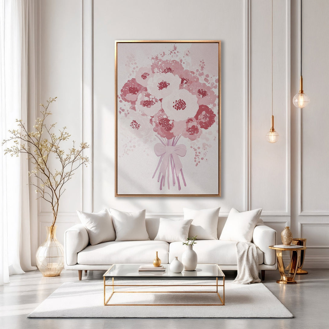 Framed Wall Art: Watercolor floral bouquet in pink tones. Elegant, modern home decor. Perfect for living rooms, bedrooms, and more.