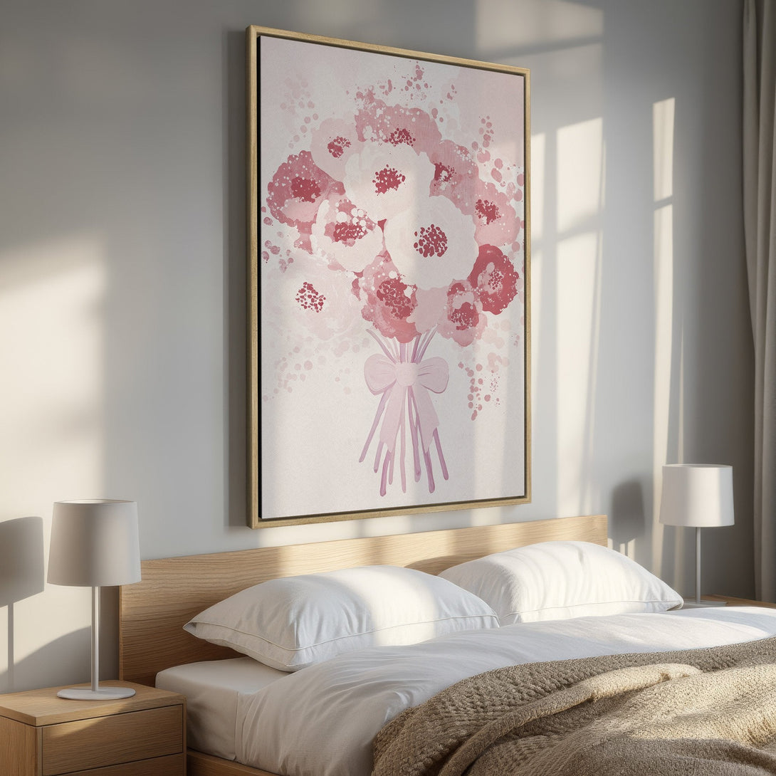 Framed Wall Art: Watercolor bouquet in pink hues. Modern floral print adds a touch of elegance to any bedroom decor. Shop now!