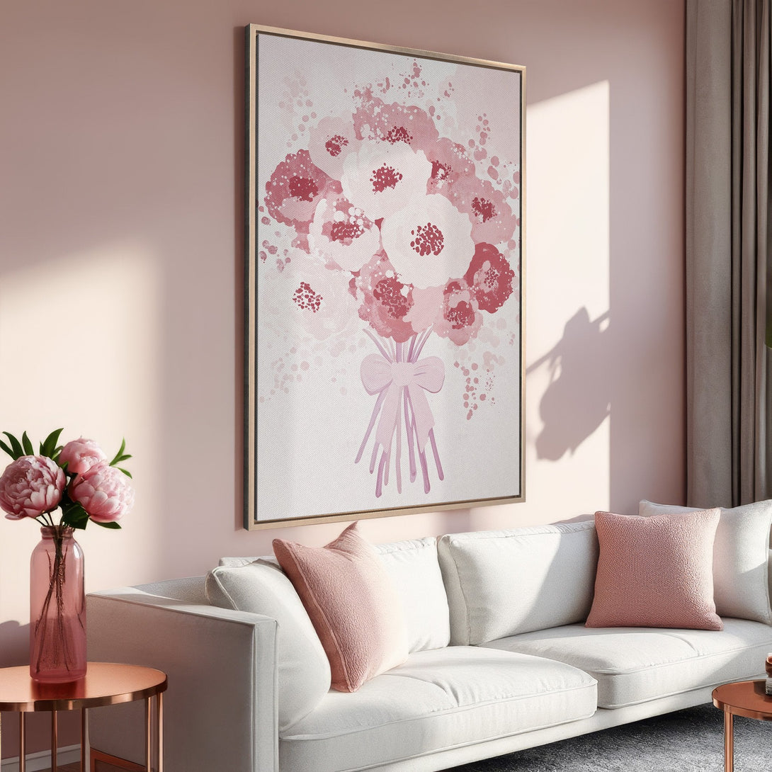 Framed Wall Art: Watercolor floral bouquet in pink hues. Perfect for adding a touch of elegance and color to your living room or bedroom. Shop now!