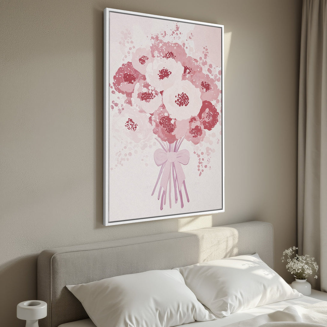 Framed Wall Art: Abstract floral bouquet in pink and red hues. Modern canvas print adds a touch of elegance to any bedroom decor.