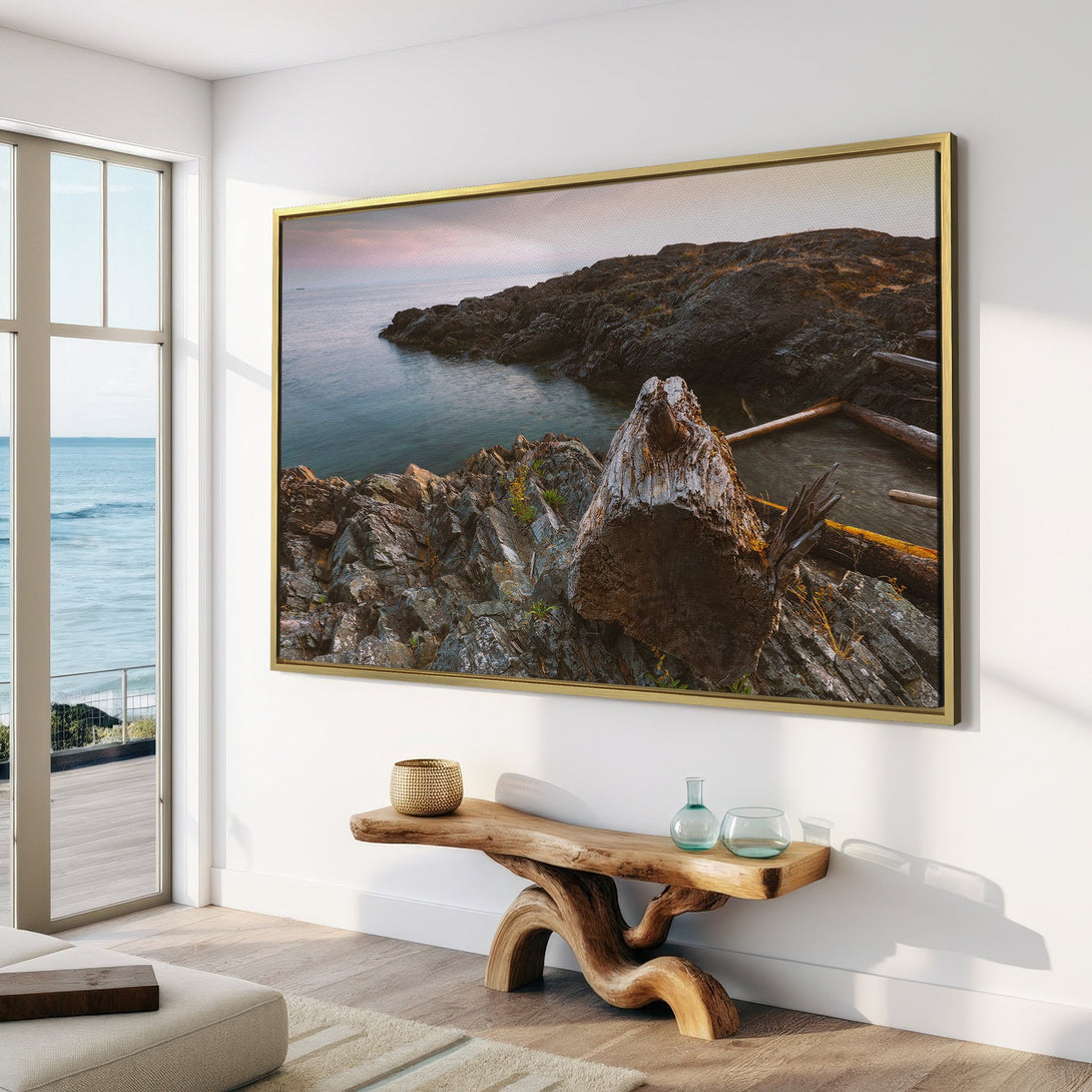Canvas Print of coastal landscape art in a modern interior. Earthy tones and serene ocean view create a calming aesthetic.
