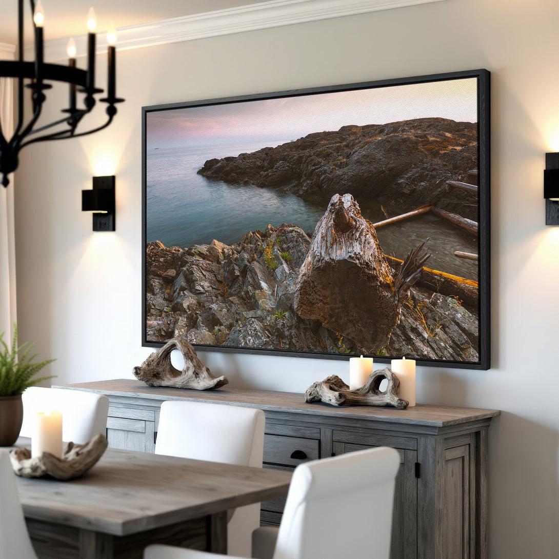 Framed Wall Art: Coastal landscape Canvas Print in neutral tones. Bring the beauty of nature into your home with this stunning artwork.