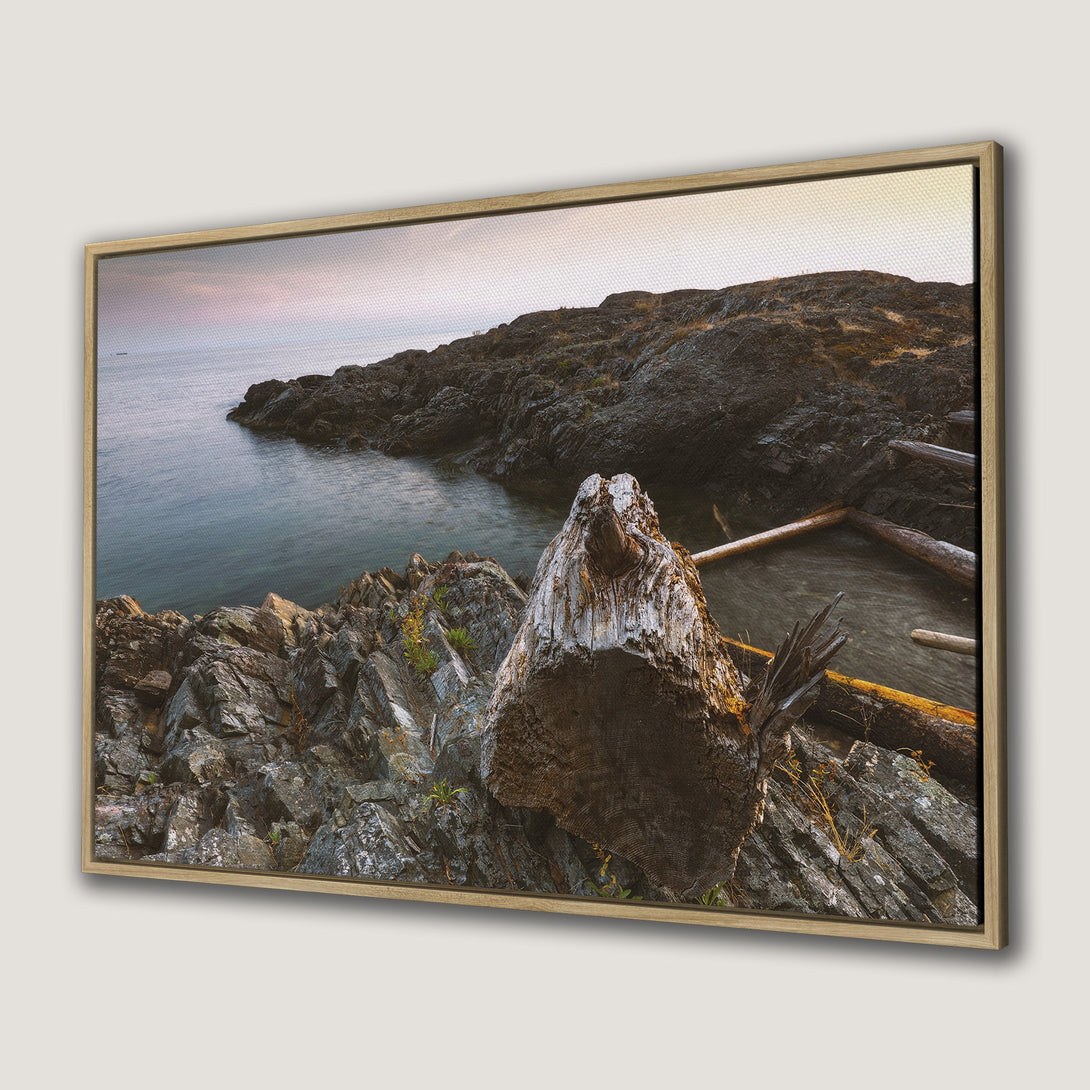 Framed Wall Art: Coastal landscape Canvas Print featuring rocks, driftwood, and ocean in a natural, earthy color palette. Bring nature indoors!