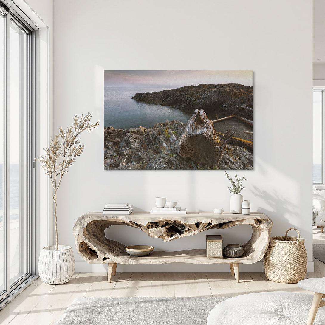 Framed Wall Art: Coastal landscape Canvas Print with moody blues, greens, and browns. Perfect for adding a touch of nature-inspired elegance to your home decor.