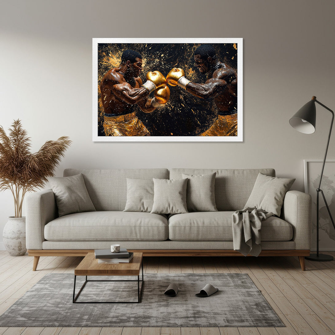 Framed Poster featuring a dynamic boxing match in a striking gold and black color palette, perfect wall art for any space.