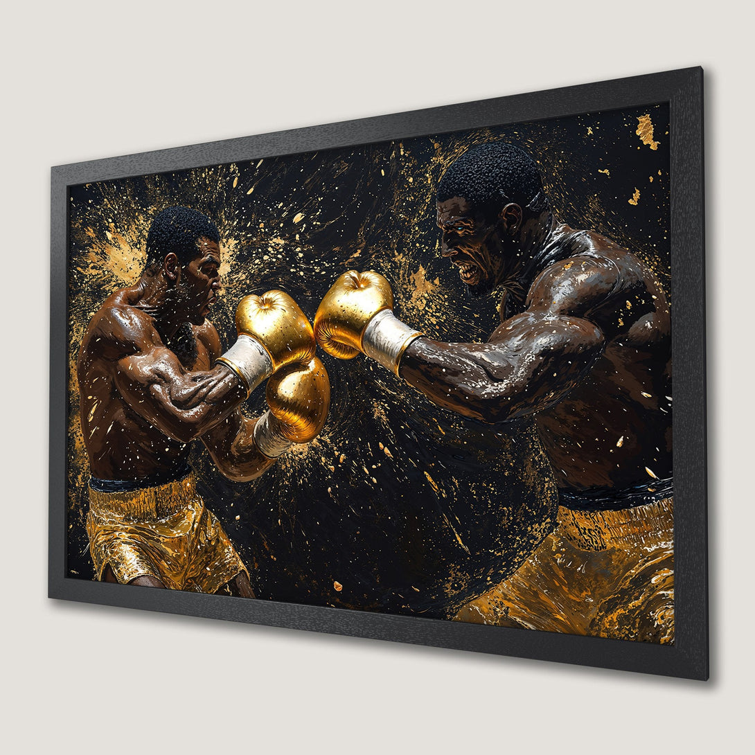 Framed Poster of boxers in action, gold and black abstract art. Powerful wall art for your home.