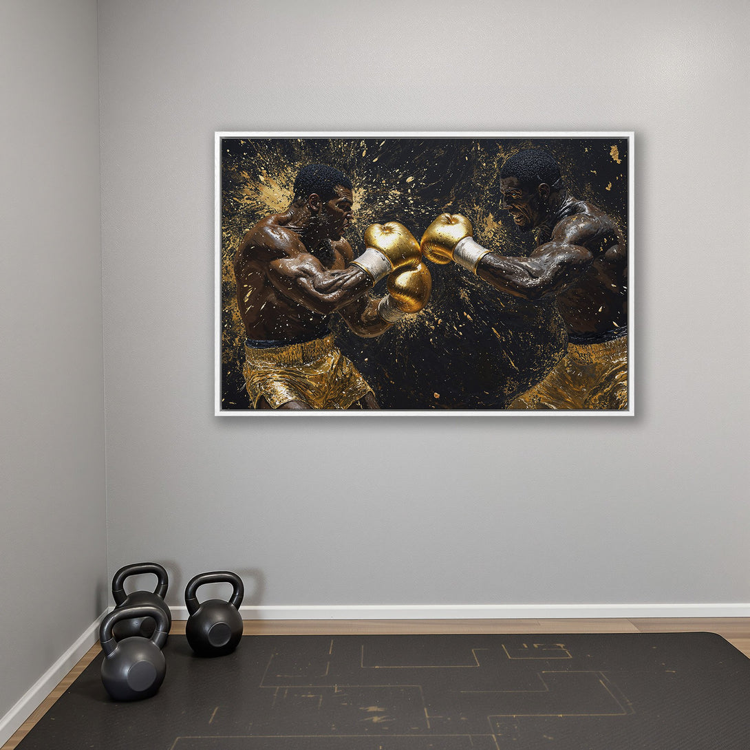 Framed Wall Art: Dynamic boxing scene in gold and black. Modern canvas print adds bold style to any space. Perfect for home or gym decor.