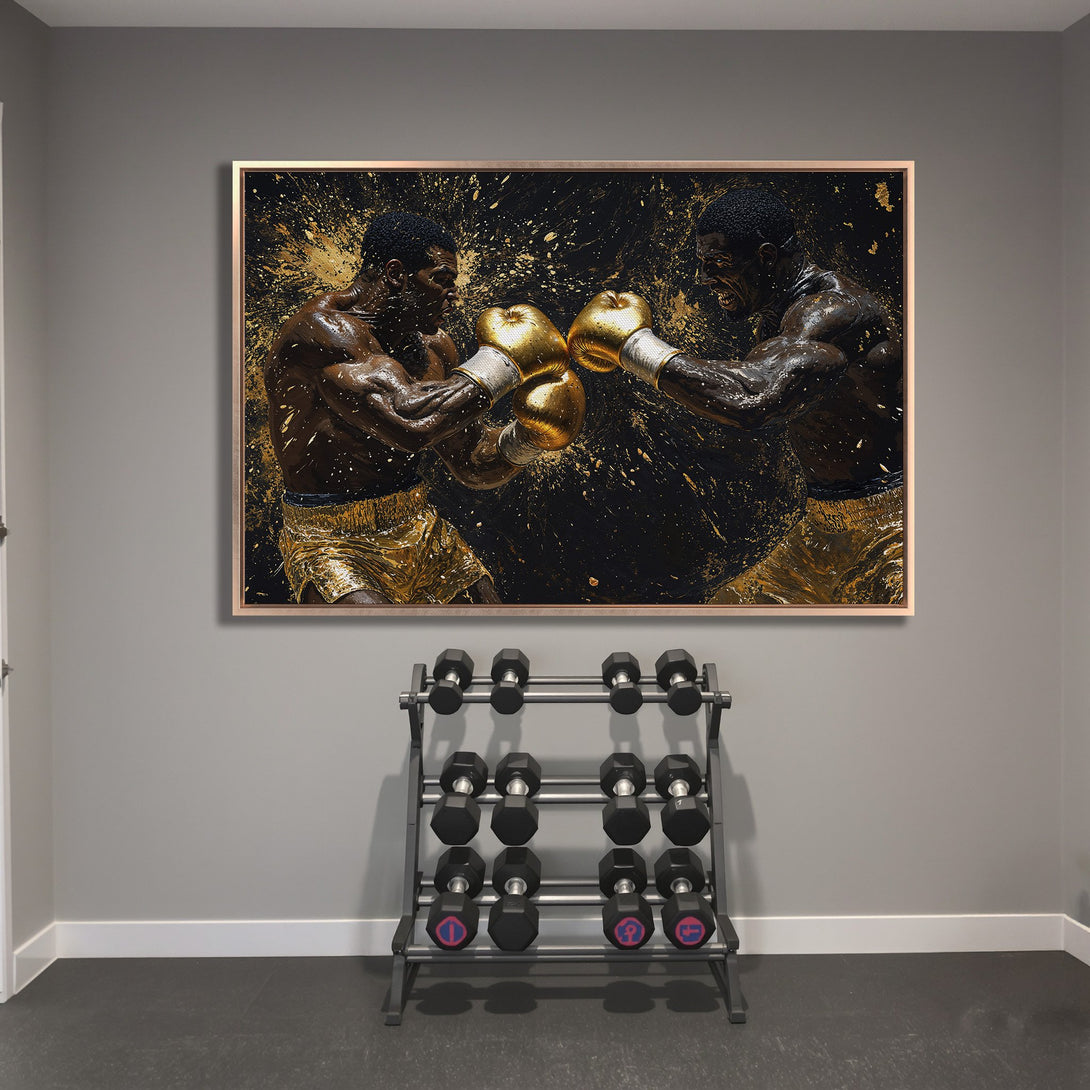 Framed Wall Art: Dynamic boxing scene in gold and black. Bold, artistic canvas print adds a powerful statement to any space. Shop now for striking wall decor!