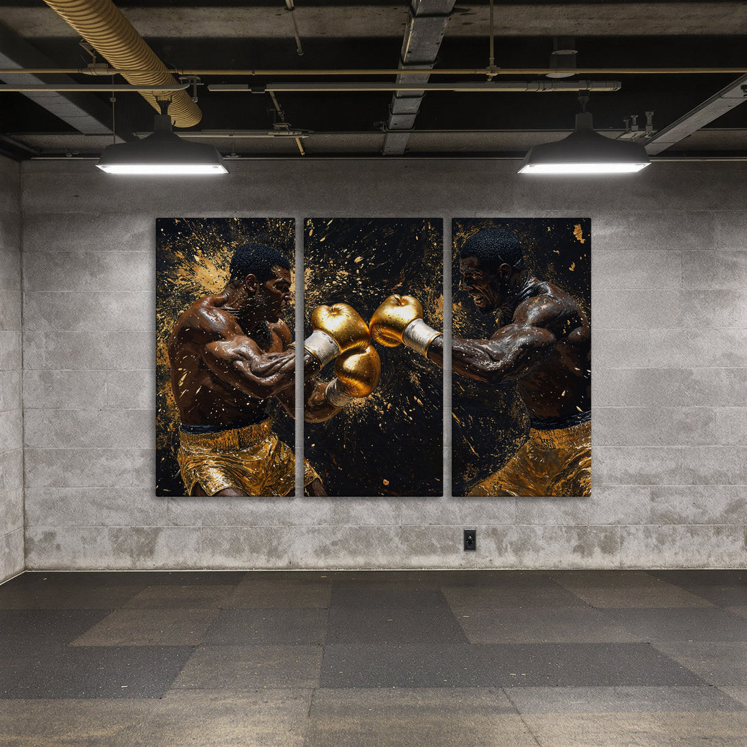 Canvas Print of boxers in action, bold art style with black and gold color palette, perfect for adding a powerful statement to any space.