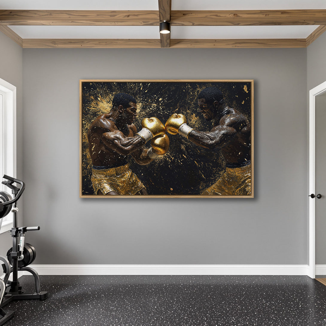 Framed Wall Art: Dynamic boxing match in gold and black, perfect for a modern gym or home decor. Add a touch of power to your space!