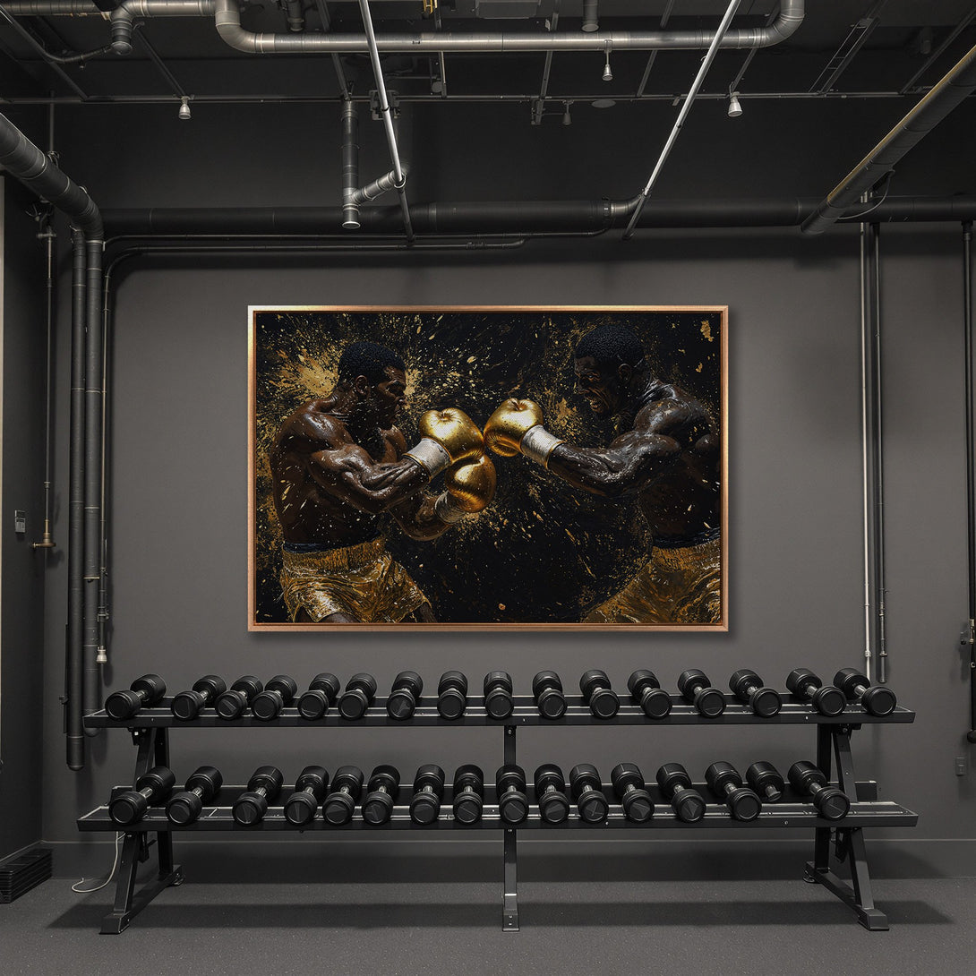Framed Wall Art: Dynamic boxing scene in gold and black. Modern art canvas print adds bold style to any space. Perfect for gym decor or home art.