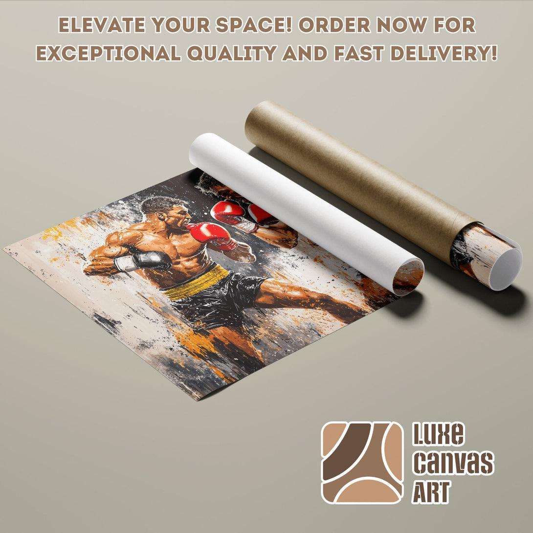 Poster Roll featuring a boxer in an abstract style with a warm color palette. Elevate your space with Luxe Canvas Art!