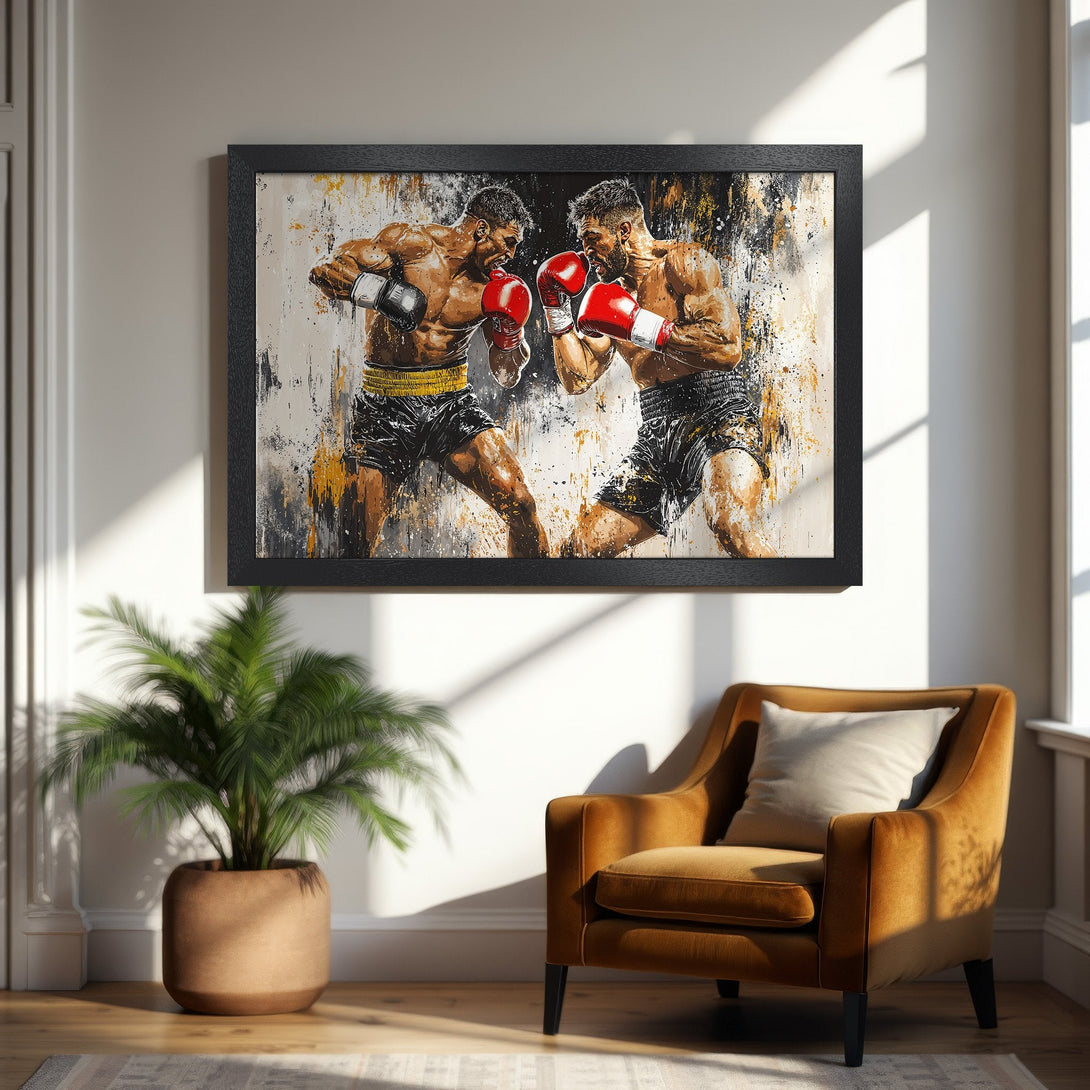 Framed Poster featuring two boxers in action, abstract style with a neutral and yellow color palette. Perfect wall art!