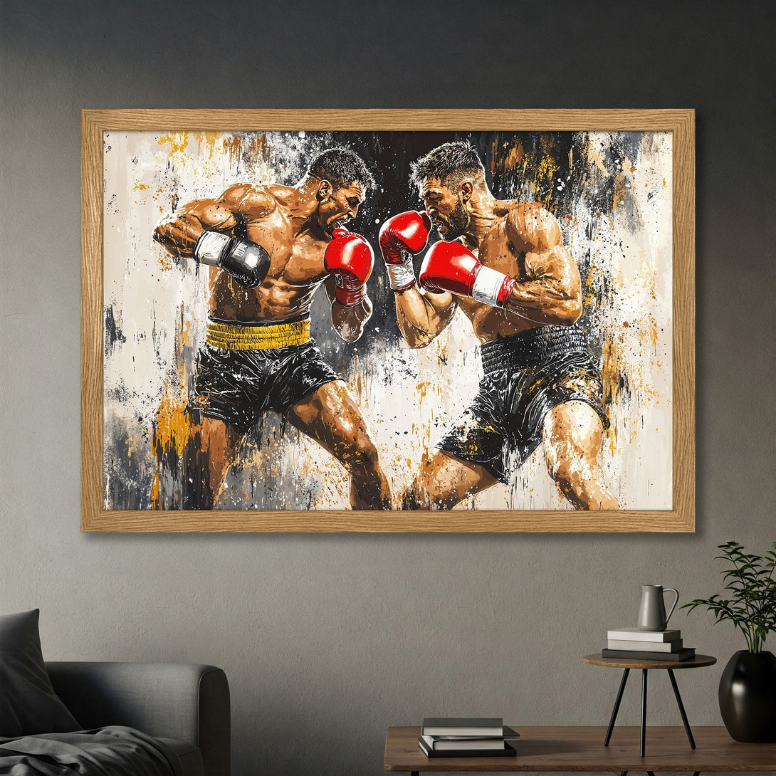 Framed Poster featuring two boxers in action, abstract style with a brown, black, and yellow color palette. Perfect for sports fans!