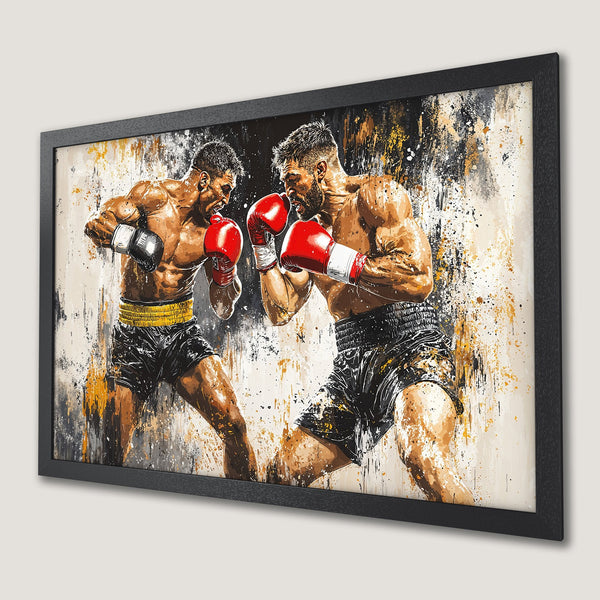 Framed Poster of boxing match in abstract style, featuring a brown, black, and gold color palette.