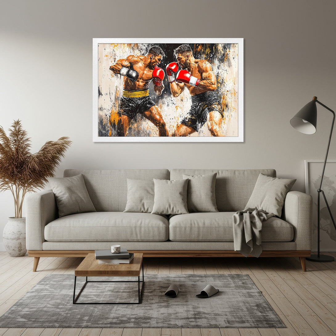 Framed Poster featuring two boxers in action, abstract art style with a neutral, black, orange, and red color palette. Perfect wall decor!