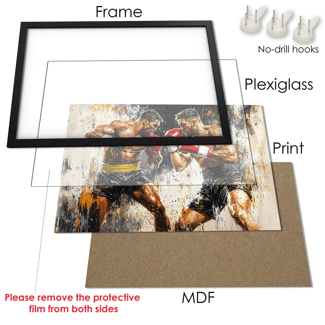 Framed Poster featuring a boxing match art print. Abstract style with a brown, black, and orange color palette. Perfect for home decor.