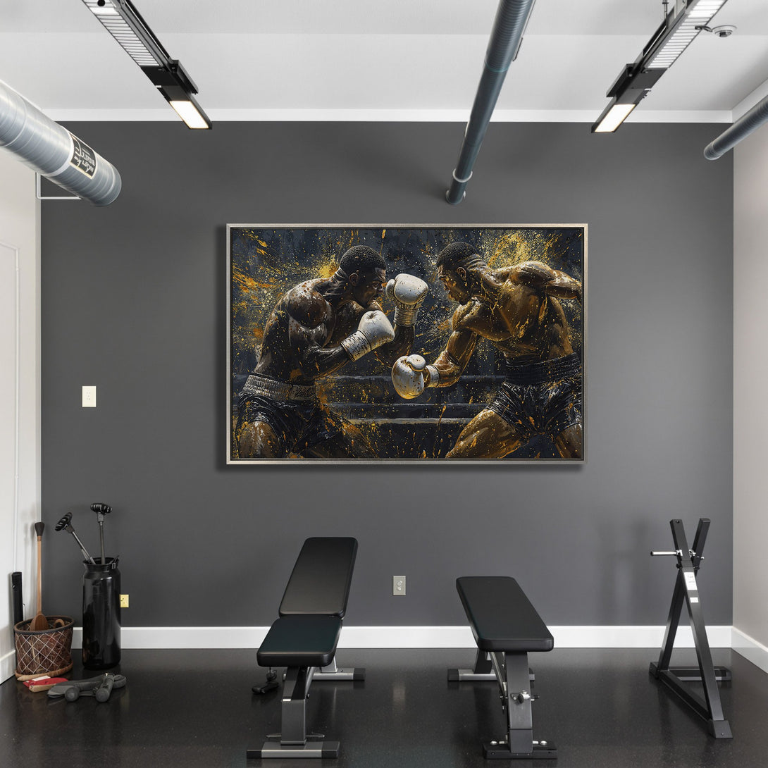 Framed Wall Art featuring a dynamic boxing match in a modern, gold and black abstract style. Elevate your space with this powerful canvas print!