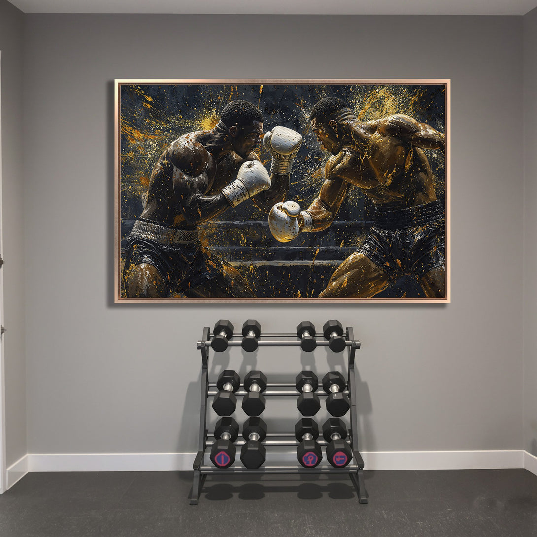 Framed Wall Art: Dynamic boxing match art print in gold and black. Perfect for a gym or home decor. Modern, artistic style.