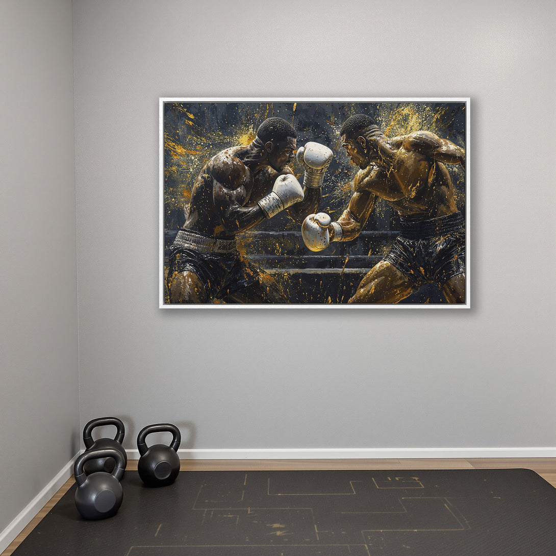 Framed Wall Art: Dynamic boxing scene with gold and black accents. Abstract style Canvas Print adds a bold statement to any room.