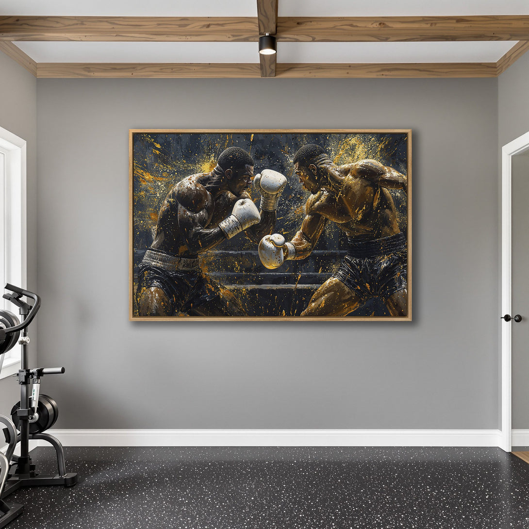 Framed Wall Art: Dynamic boxing scene in gold and black. Modern art canvas print adds a powerful statement to any space. Shop now!