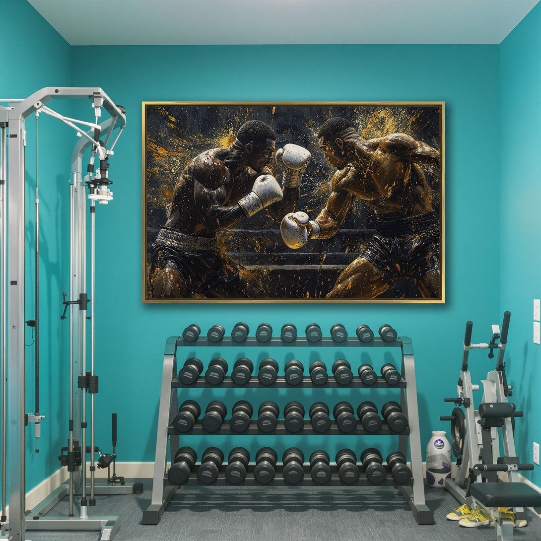 Canvas Print featuring dynamic boxing scene in gold and black. Modern art for gym or home decor.