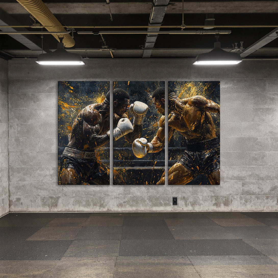 Canvas Print of boxers in action, abstract style with gold and black color palette. Powerful wall art for your home!