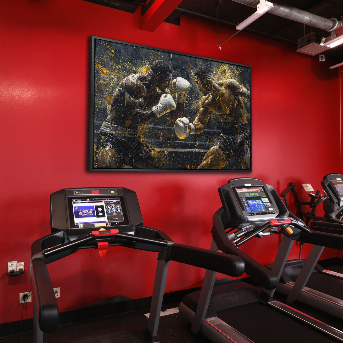 Framed Wall Art: Dynamic boxing art print with gold accents. Bold black and gold color palette. Perfect for gym or home decor.