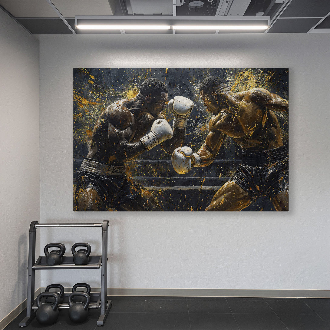 Framed Wall Art: Dynamic boxing scene in gold and black, displayed in a teal gym. Elevate your space with this powerful Canvas Print!