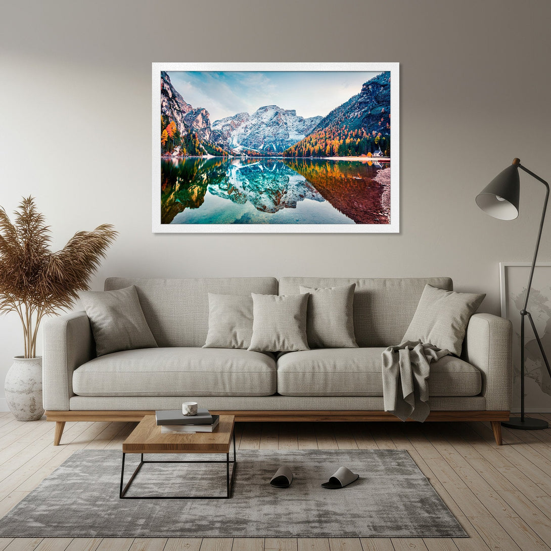 Framed Poster of a stunning mountain lake landscape, featuring vibrant colors and a natural style. Perfect wall art for your home!