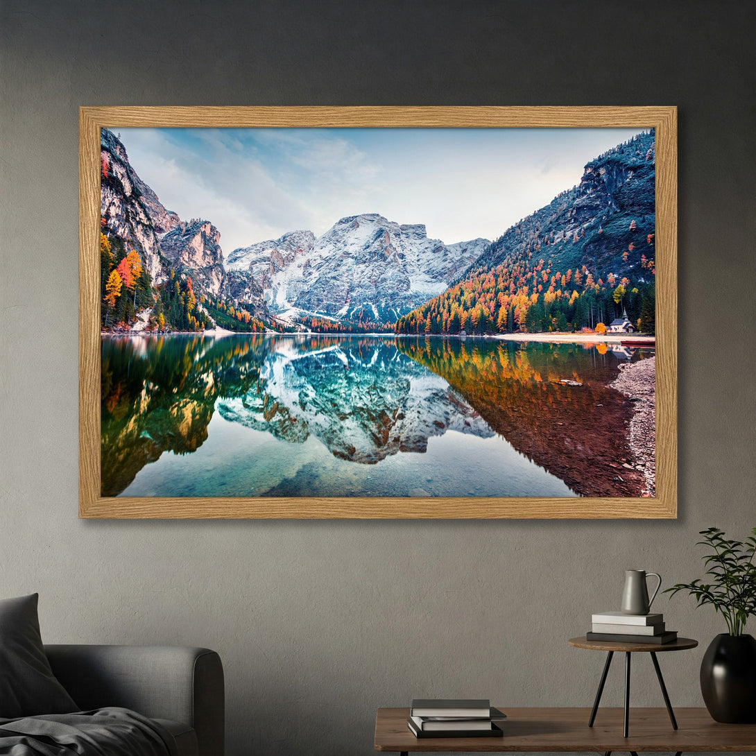 Framed Poster of a stunning mountain lake landscape. Features vibrant autumn colors with a natural, serene style. Perfect wall art for any home.