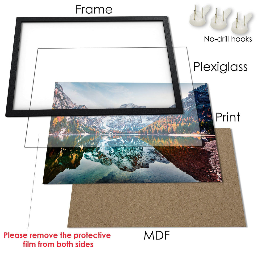 Framed Poster of a serene mountain lake scene with a natural color palette. Perfect for home decor!