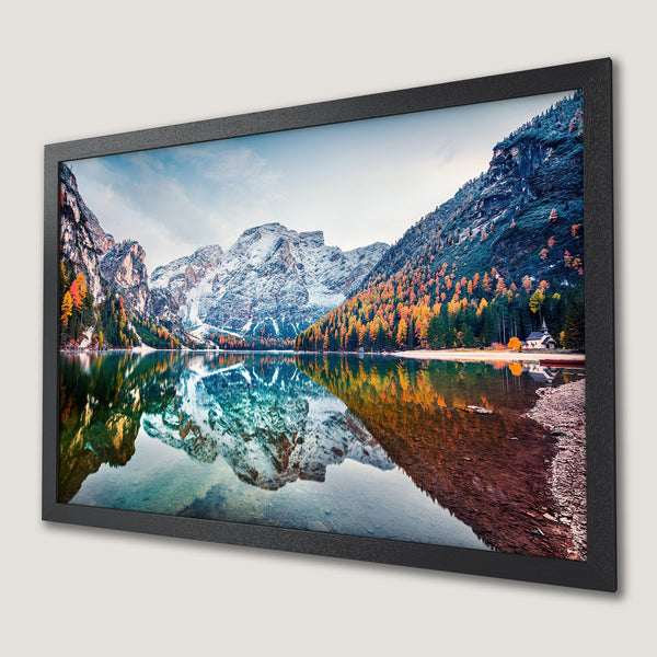 Framed Poster of a stunning mountain lake scene with vibrant autumn colors and reflections. Enhance your space with this beautiful artwork!