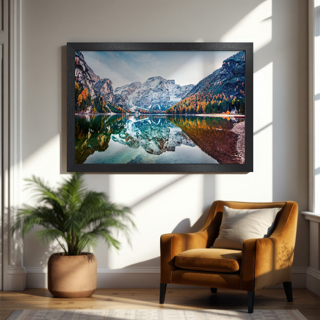Framed Poster of mountain lake landscape. Warm, inviting colors. Perfect for home decor.