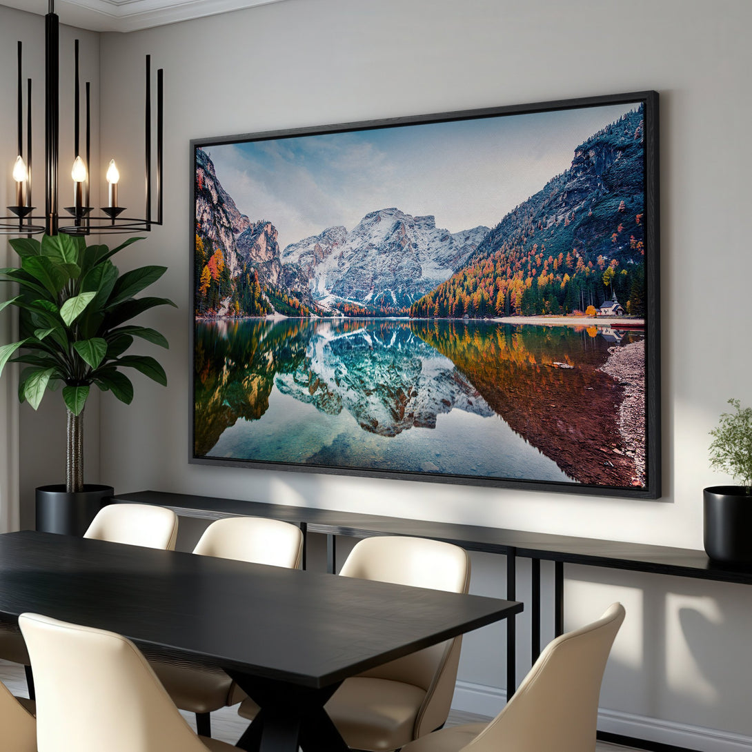 Framed Wall Art: Stunning mountain lake landscape Canvas Print. Earthy tones & vibrant fall colors create a serene, natural aesthetic. Perfect for any room!