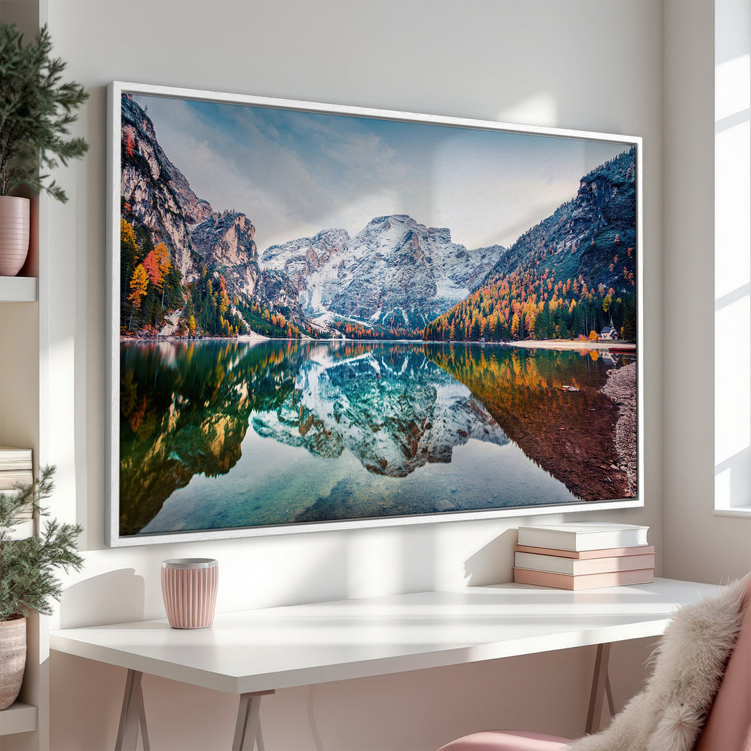 Framed Wall Art: Stunning mountain lake landscape canvas print with vibrant autumn colors. Perfect wall decor for a serene, natural aesthetic.