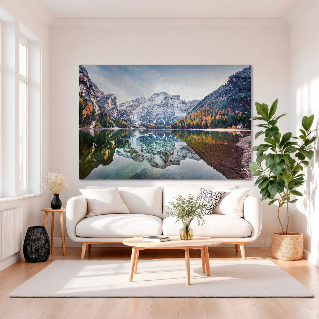Framed Wall Art: Stunning mountain lake landscape canvas print with vibrant autumn colors. Perfect for adding a touch of nature and elegance to your home.