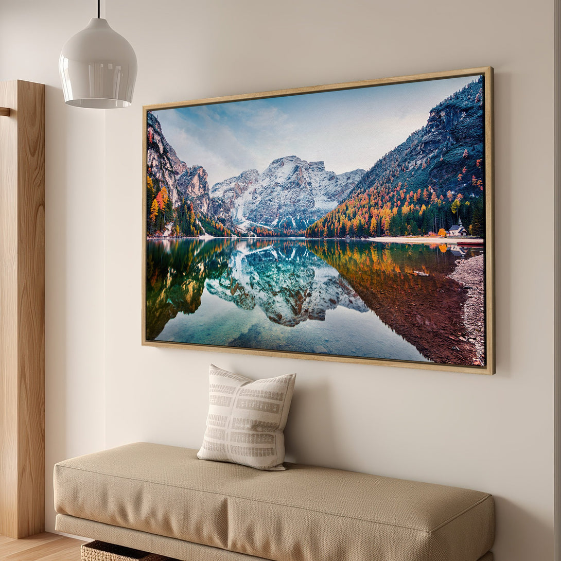 Framed Wall Art: Stunning mountain lake scene with vibrant autumn colors. Perfect for adding a touch of nature and tranquility to your home decor.